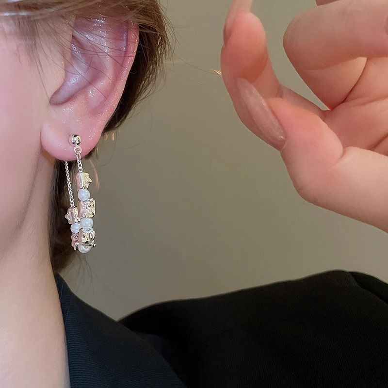 Chain Hoop Pearl Dangle Alloy Faux Earring