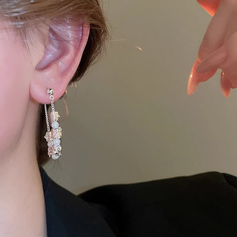 Chain Hoop Pearl Dangle Alloy Faux Earring