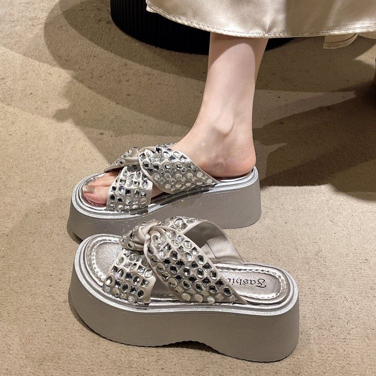 Platform Sandals Cross Strap Rhinestone