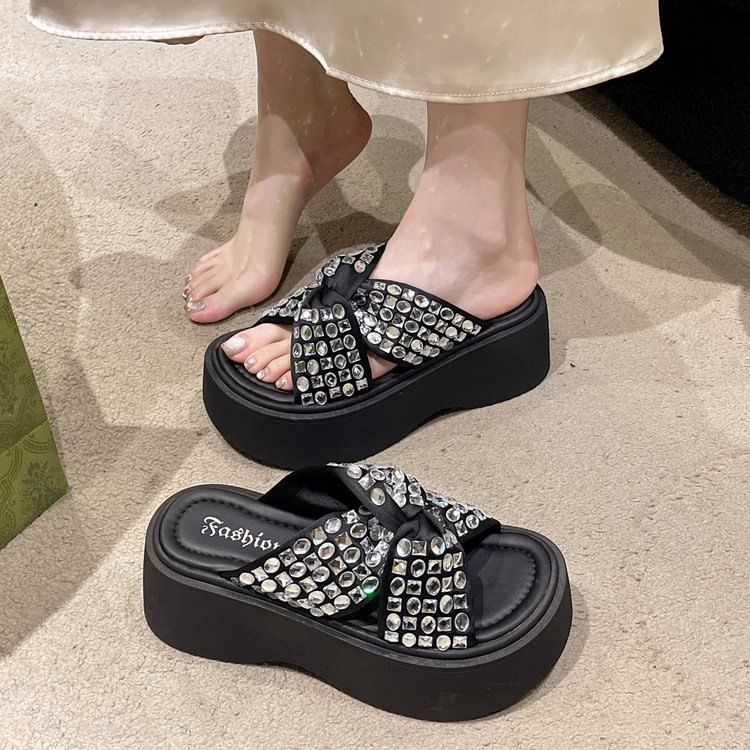 Platform Sandals Cross Strap Rhinestone