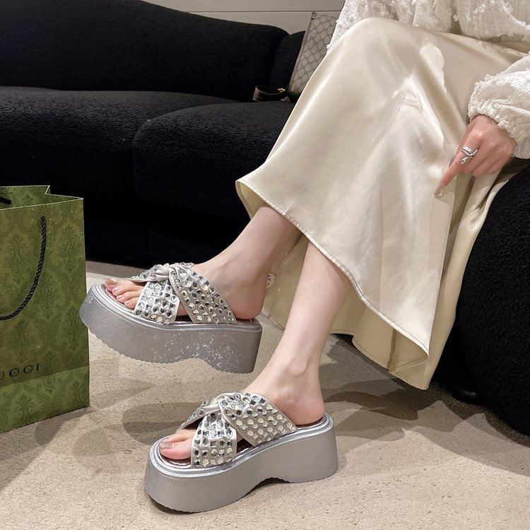 Platform Sandals Cross Strap Rhinestone