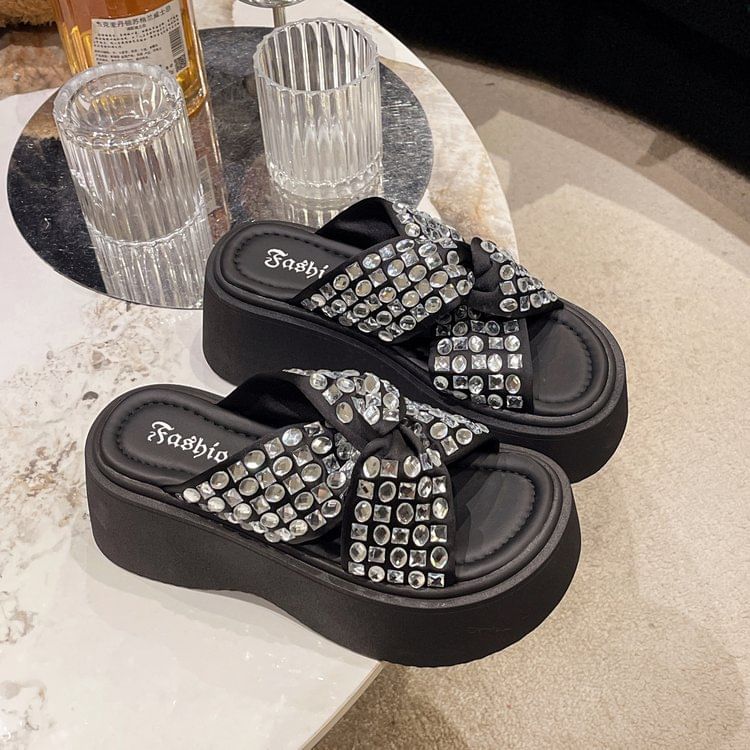 Platform Sandals Cross Strap Rhinestone