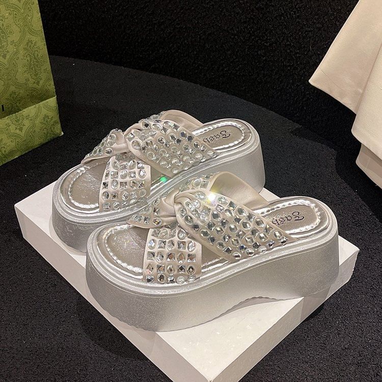 Platform Sandals Cross Strap Rhinestone