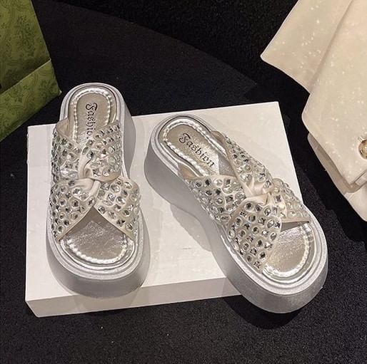 Platform Sandals Cross Strap Rhinestone