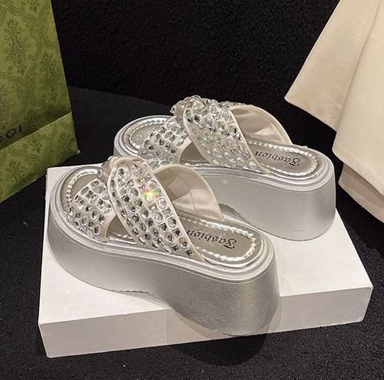 Platform Sandals Cross Strap Rhinestone