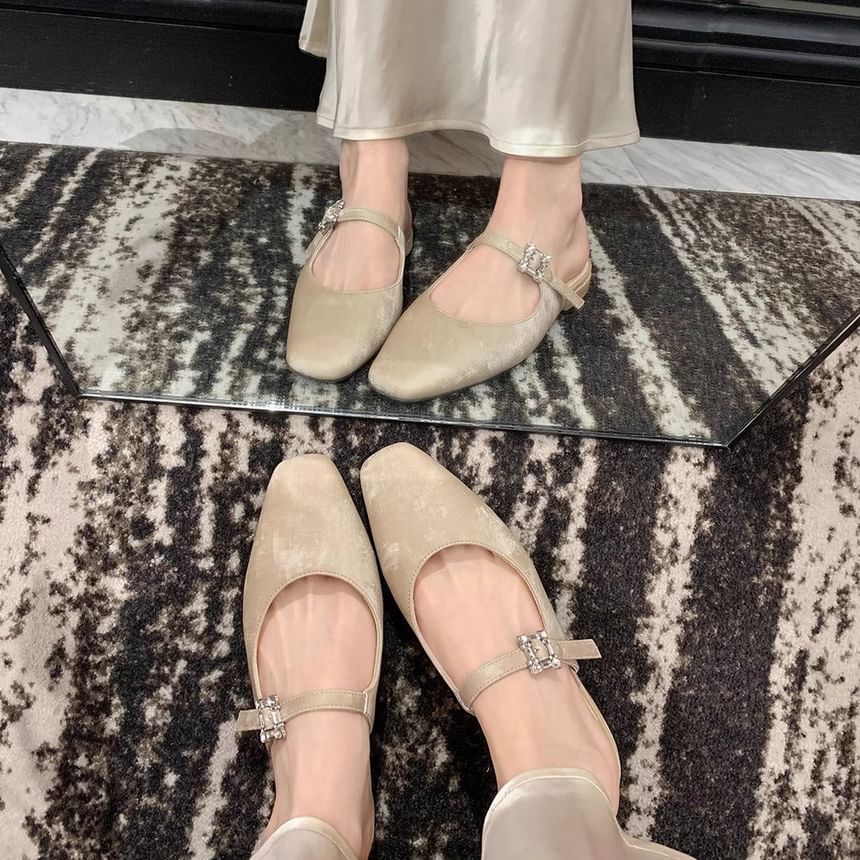 Square Toe Rhinestone Chunky Heel Mules