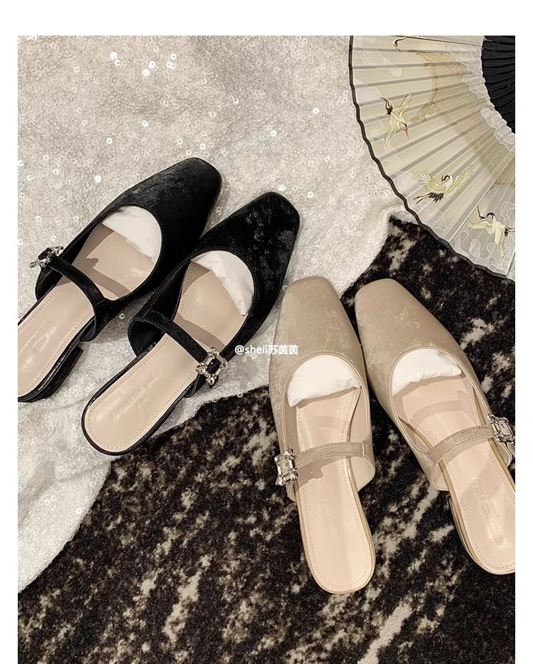 Square Toe Rhinestone Chunky Heel Mules