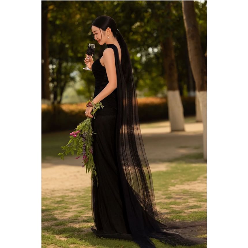 Mesh Plain Gown Tube Evening Sheath