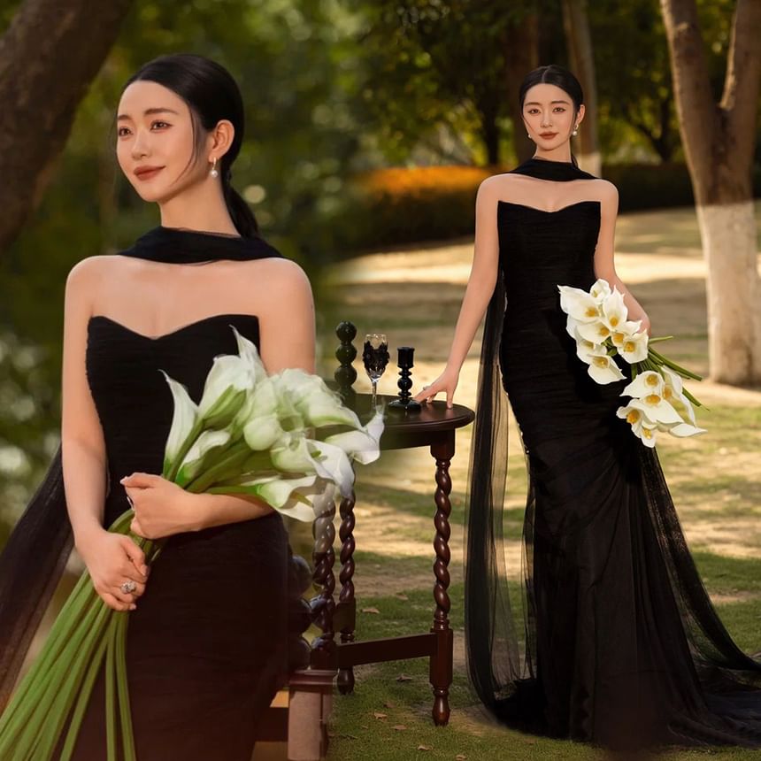 Mesh Plain Gown Tube Evening Sheath
