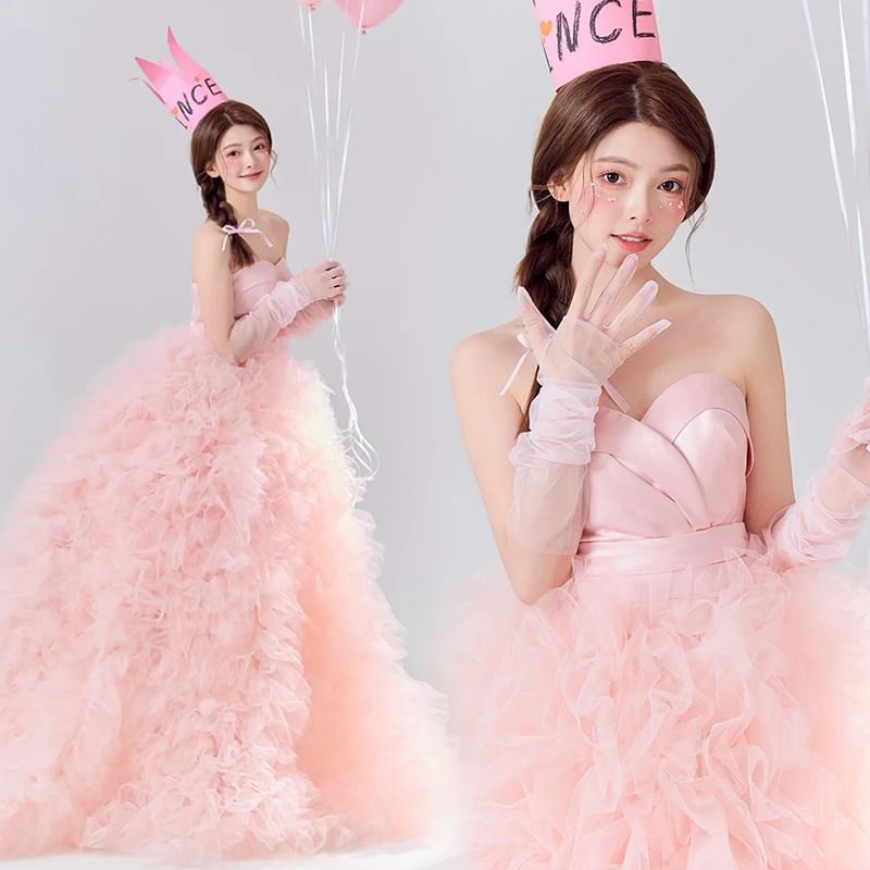 A-Line Panel Mesh Ruched Evening Tube Plain Gown