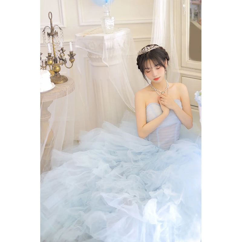 A-Line Mesh Evening Plain Tiered Tube Gown