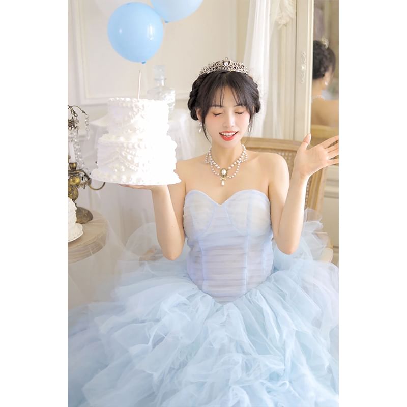 A-Line Mesh Evening Plain Tiered Tube Gown