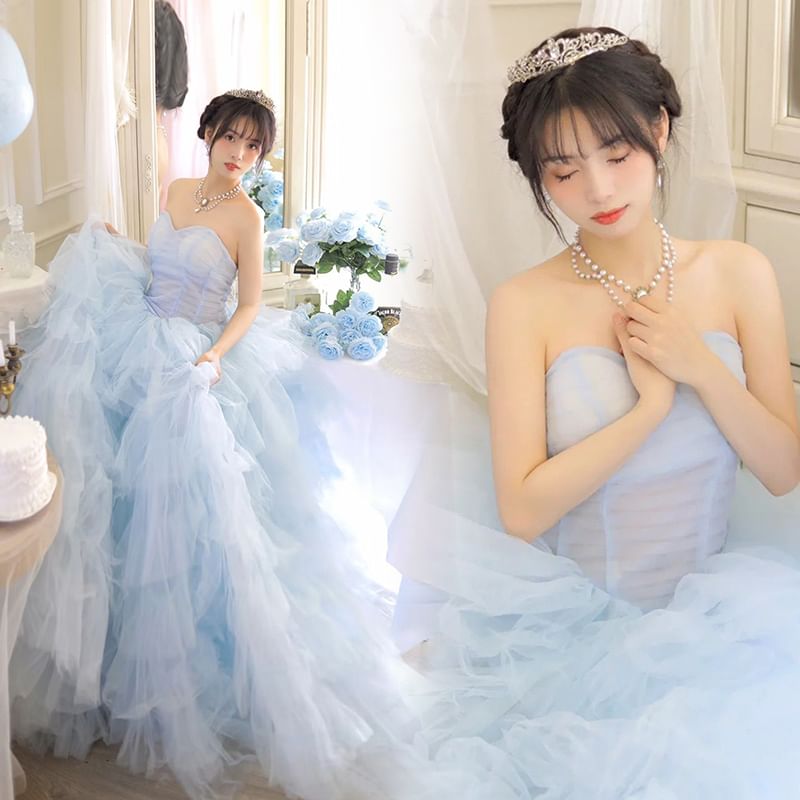 A-Line Mesh Evening Plain Tiered Tube Gown