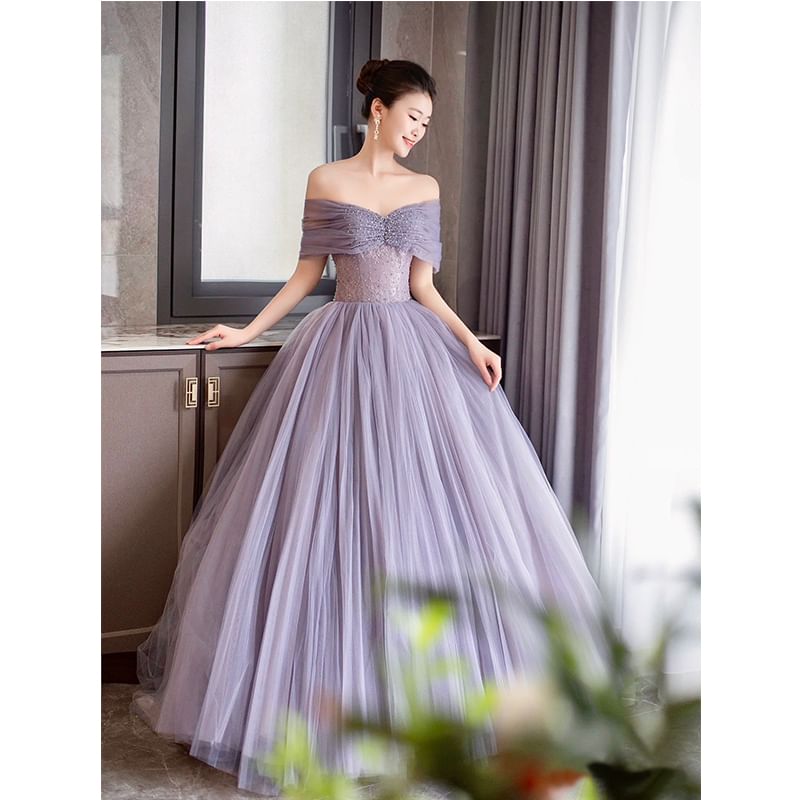 Lace Gown Ruched Sleeve Short Mesh Plain Panel Evening Shoulder A-Line Off