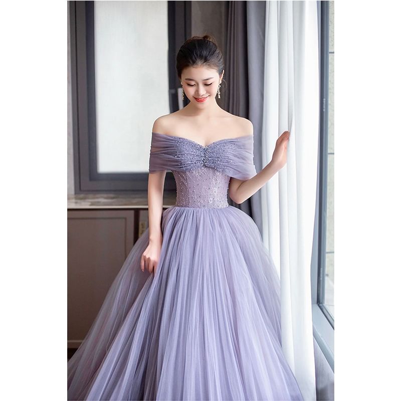 Lace Gown Ruched Sleeve Short Mesh Plain Panel Evening Shoulder A-Line Off