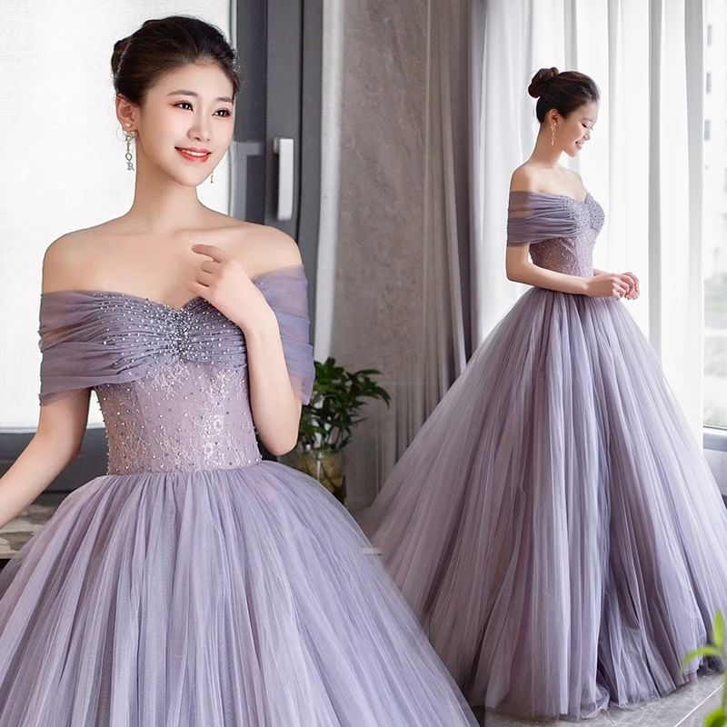 Lace Gown Ruched Sleeve Short Mesh Plain Panel Evening Shoulder A-Line Off