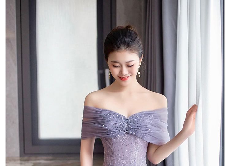 Lace Gown Ruched Sleeve Short Mesh Plain Panel Evening Shoulder A-Line Off