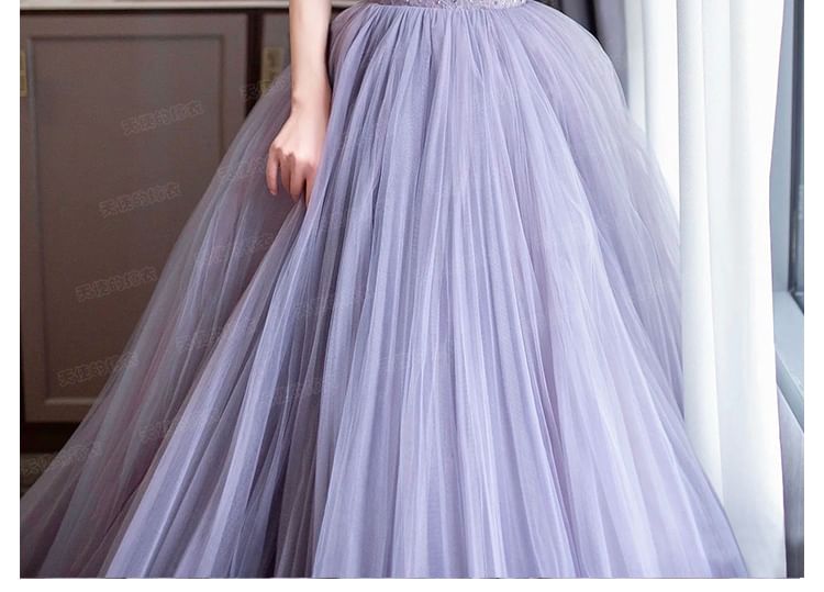 Lace Gown Ruched Sleeve Short Mesh Plain Panel Evening Shoulder A-Line Off