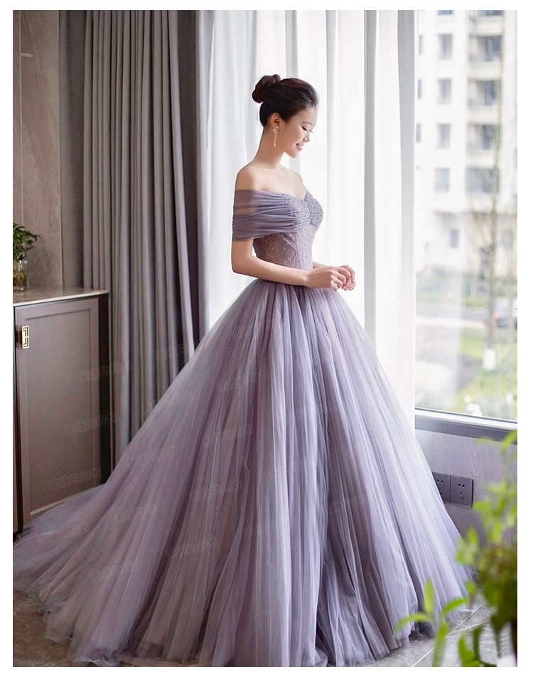 Lace Gown Ruched Sleeve Short Mesh Plain Panel Evening Shoulder A-Line Off