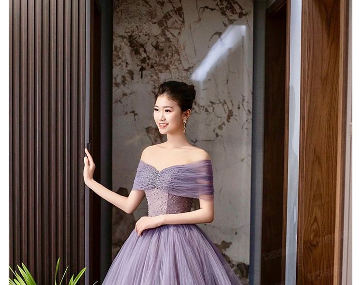 Lace Gown Ruched Sleeve Short Mesh Plain Panel Evening Shoulder A-Line Off