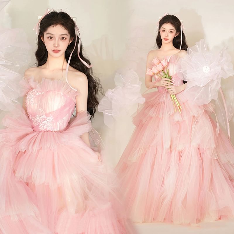 Tube Gown Plain Evening Mesh Lace Tiered Panel A-Line