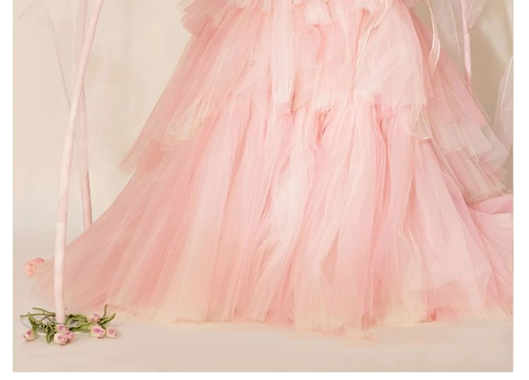 Tube Gown Plain Evening Mesh Lace Tiered Panel A-Line