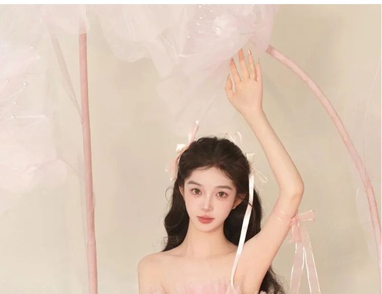 Tube Gown Plain Evening Mesh Lace Tiered Panel A-Line