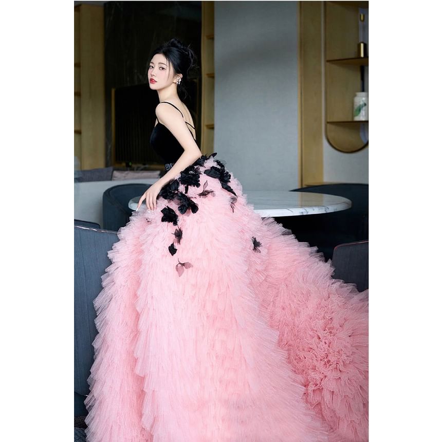 Mesh Panel Spaghetti Applique Tiered Floral Tone Two Strap A-Line Gown Evening