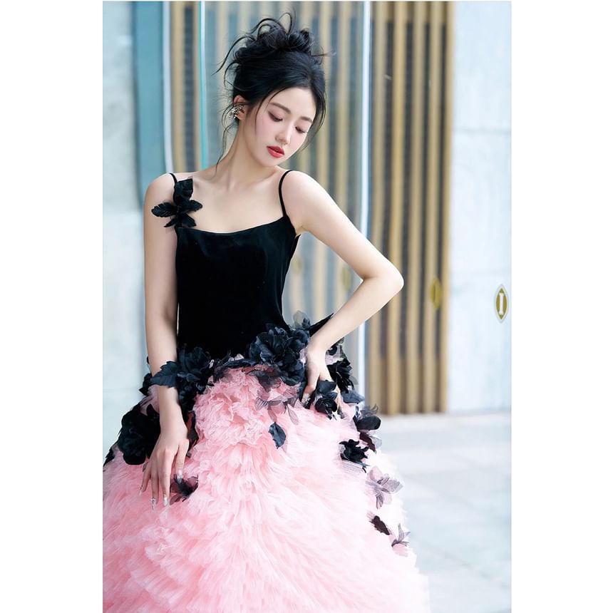 Mesh Panel Spaghetti Applique Tiered Floral Tone Two Strap A-Line Gown Evening