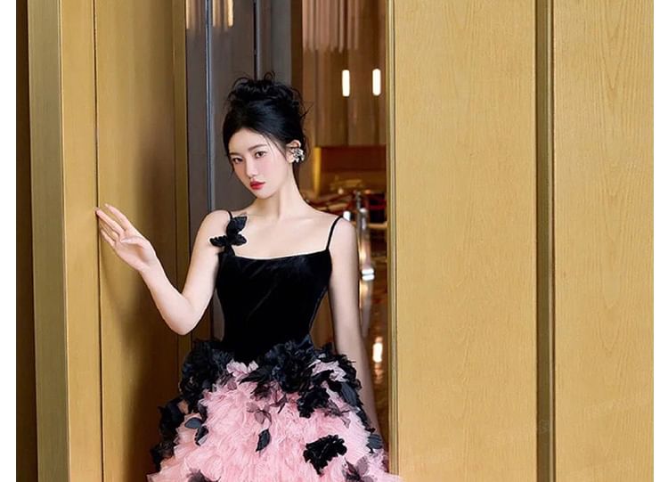 Mesh Panel Spaghetti Applique Tiered Floral Tone Two Strap A-Line Gown Evening