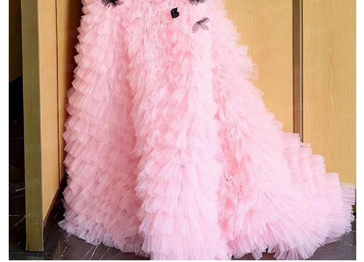 Mesh Panel Spaghetti Applique Tiered Floral Tone Two Strap A-Line Gown Evening