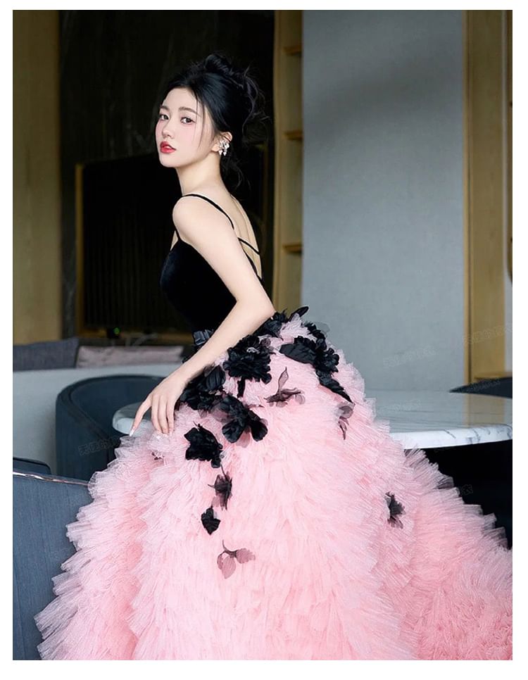 Mesh Panel Spaghetti Applique Tiered Floral Tone Two Strap A-Line Gown Evening