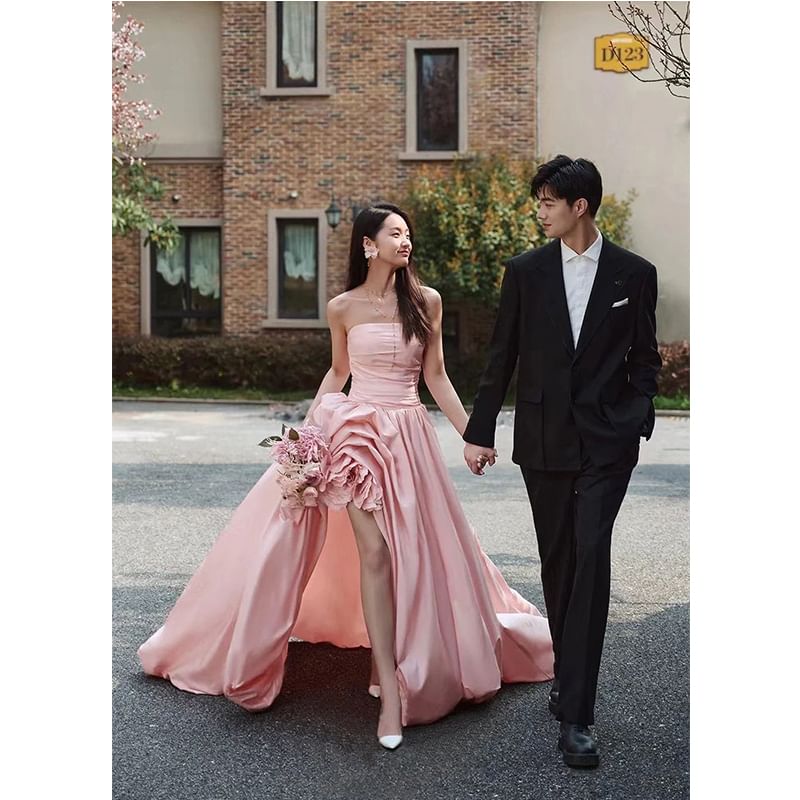 Tube Plain A-Line Flower Gown Evening Asymmetrical Ruched