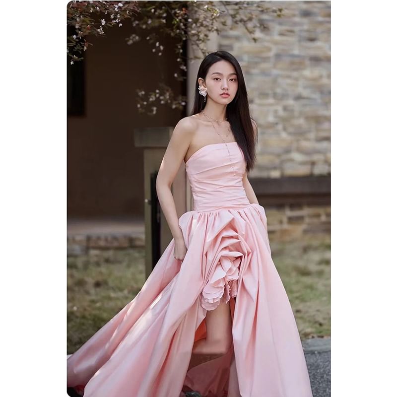 Tube Plain A-Line Flower Gown Evening Asymmetrical Ruched