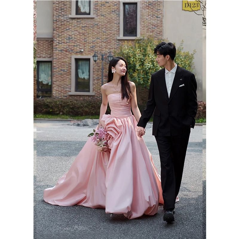 Tube Plain A-Line Flower Gown Evening Asymmetrical Ruched