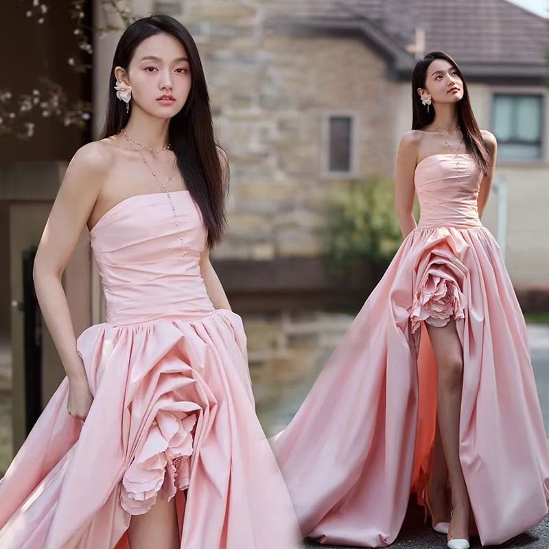 Tube Plain A-Line Flower Gown Evening Asymmetrical Ruched