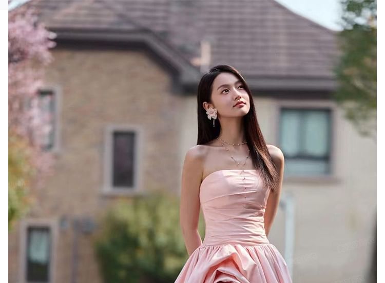 Tube Plain A-Line Flower Gown Evening Asymmetrical Ruched