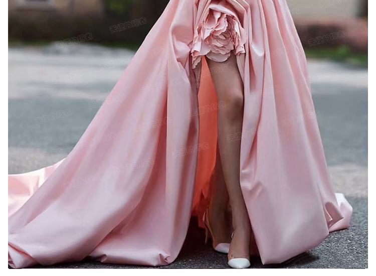 Tube Plain A-Line Flower Gown Evening Asymmetrical Ruched