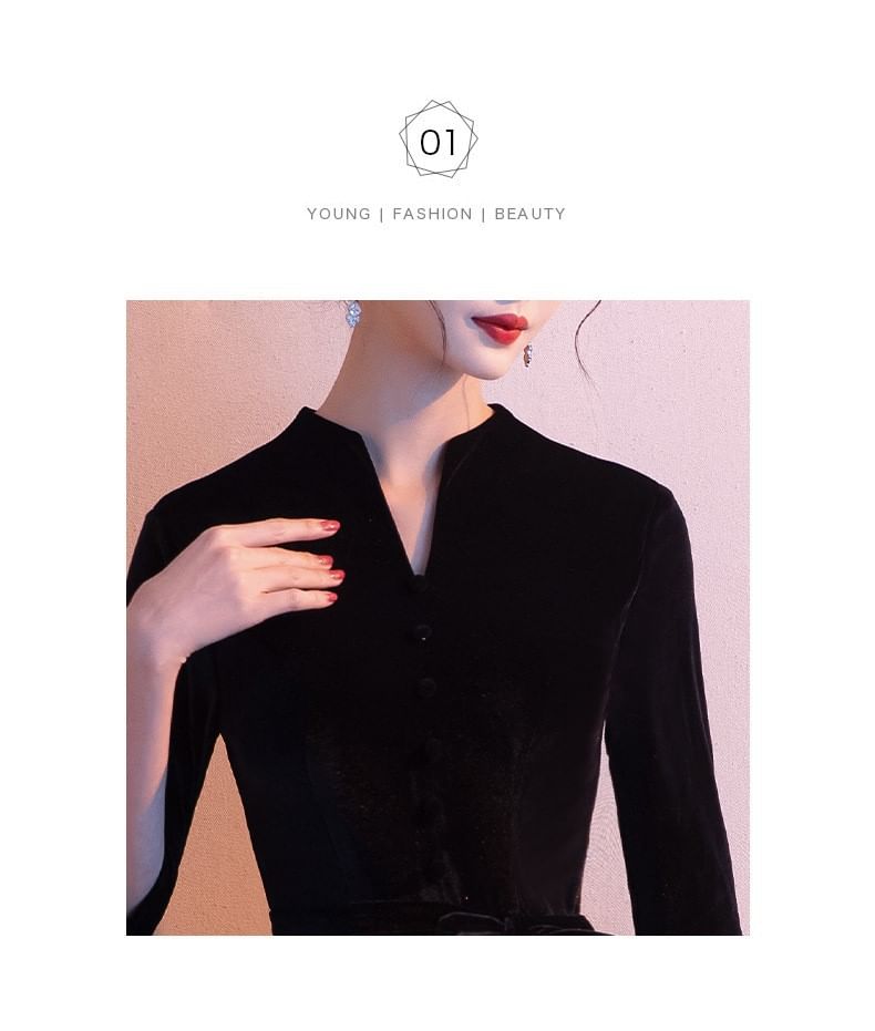 Evening Sheer Plain 3/4-Sleeve Gown V-Neck Panel A-Line