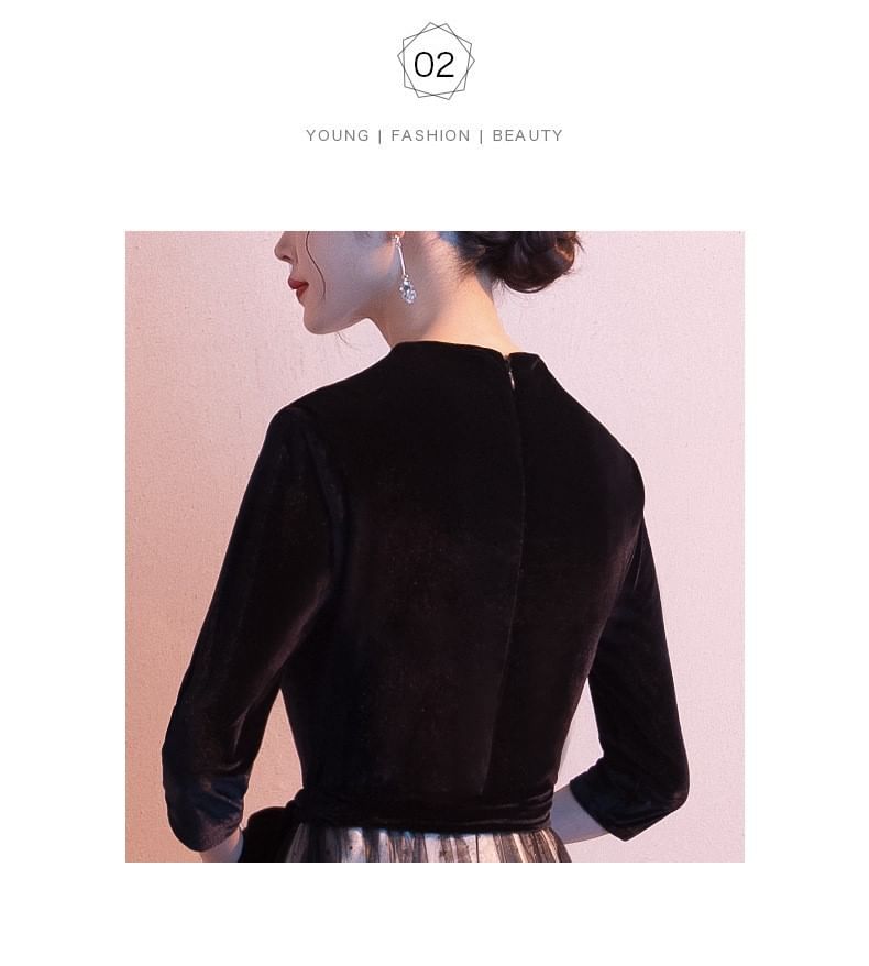 Evening Sheer Plain 3/4-Sleeve Gown V-Neck Panel A-Line