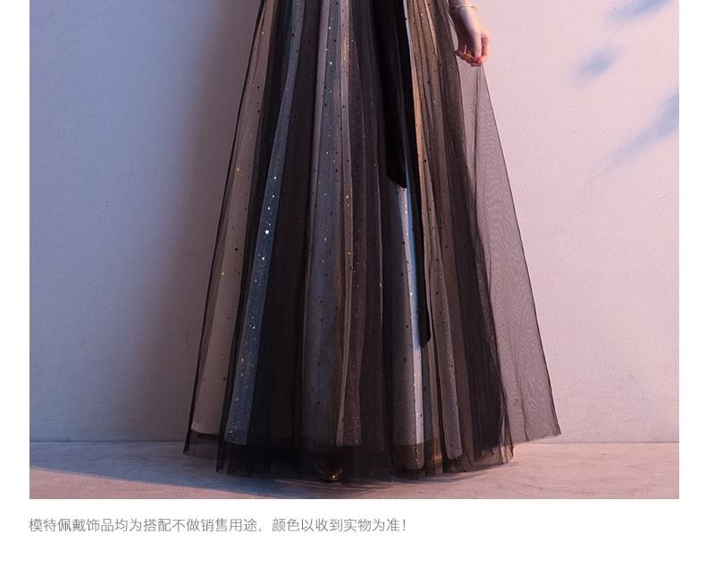 Evening Sheer Plain 3/4-Sleeve Gown V-Neck Panel A-Line