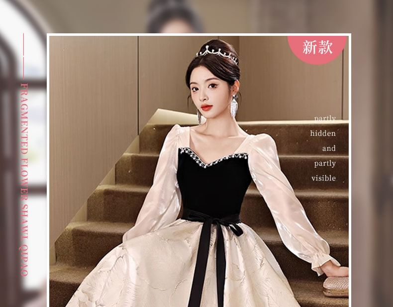 Tone Long-Sleeve Neck Evening Square Gown Two