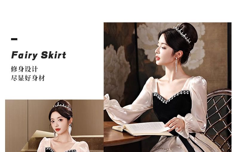 Tone Long-Sleeve Neck Evening Square Gown Two