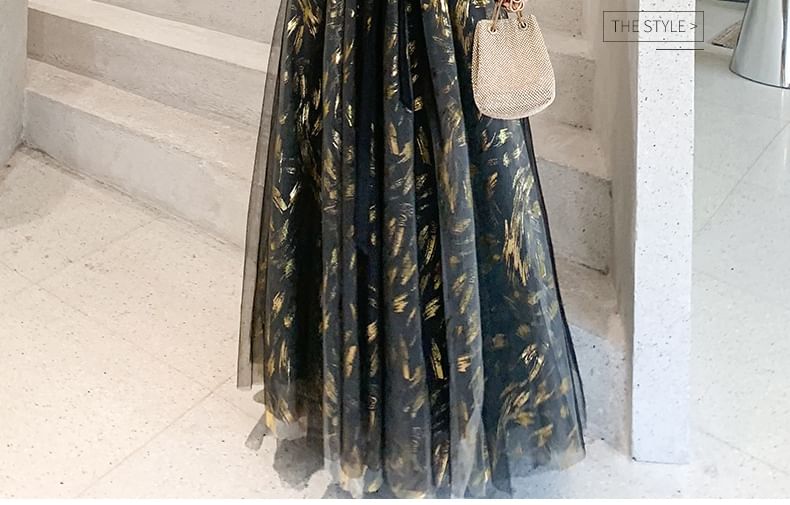 Floral Gown Sheer 3/4-Sleeve Panel V-Neck Evening