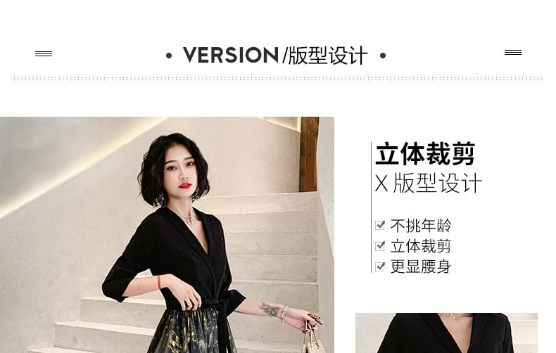 Floral Gown Sheer 3/4-Sleeve Panel V-Neck Evening