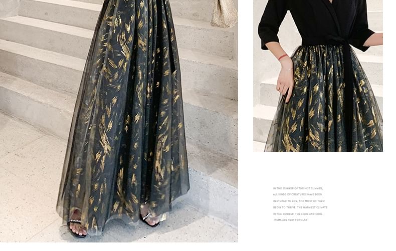 Floral Gown Sheer 3/4-Sleeve Panel V-Neck Evening