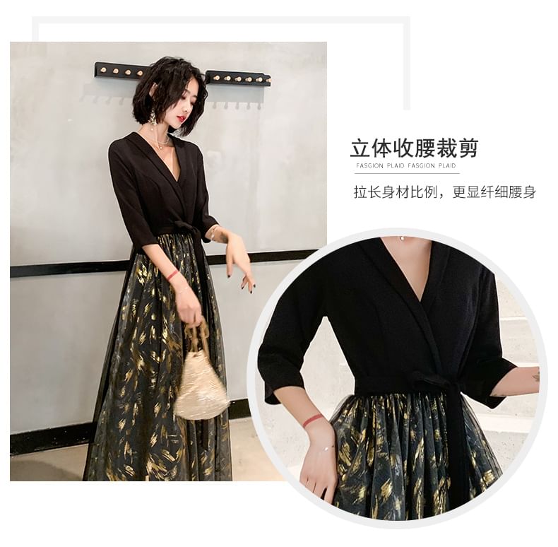 Floral Gown Sheer 3/4-Sleeve Panel V-Neck Evening