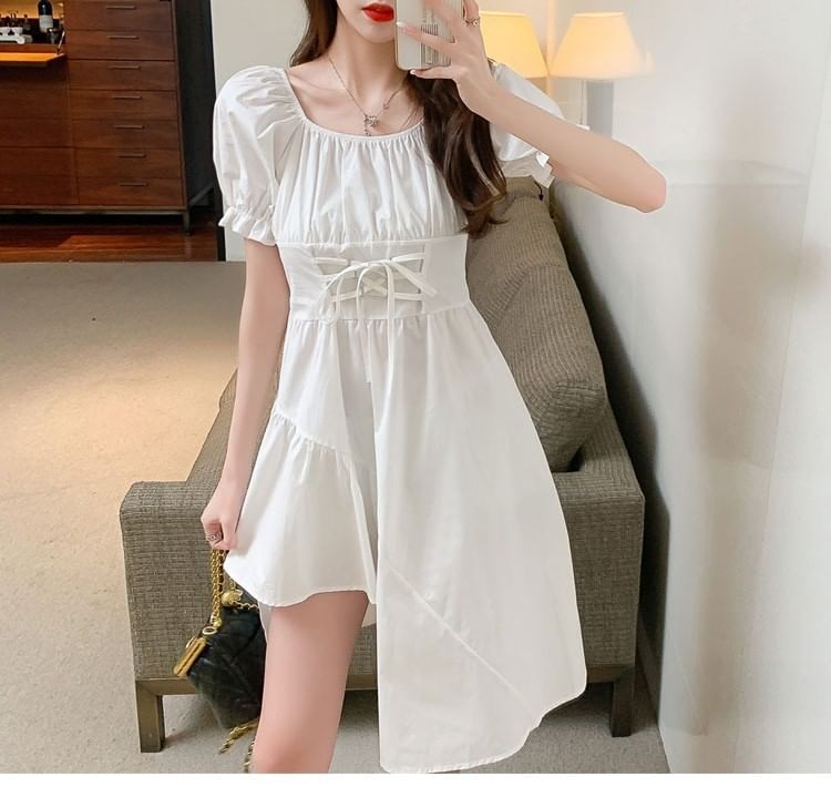 Neck A-Line Plain Dress Square Asymmetrical Short-Sleeve