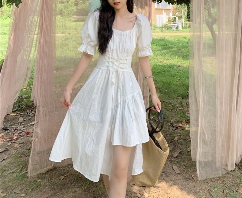 Neck A-Line Plain Dress Square Asymmetrical Short-Sleeve