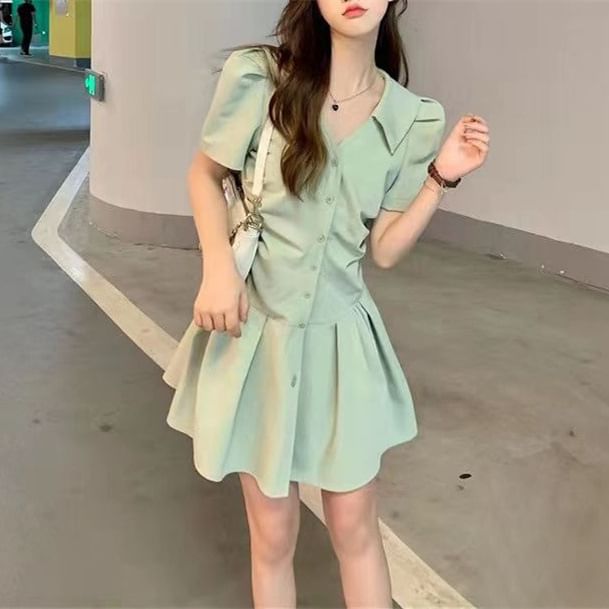 Plain Mini A-Line V-Neck Dress Short-Sleeve Button-Up